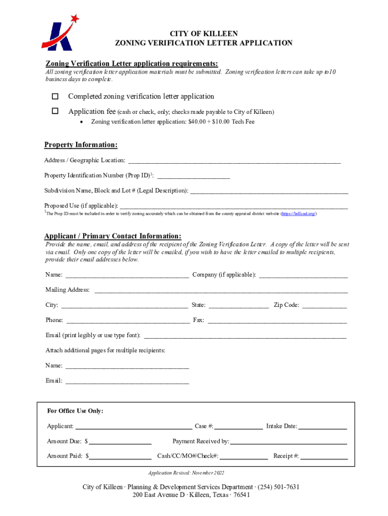 Fillable Online CITY OF KILLEEN ZONING VERIFICATION LETTER APPLICATION