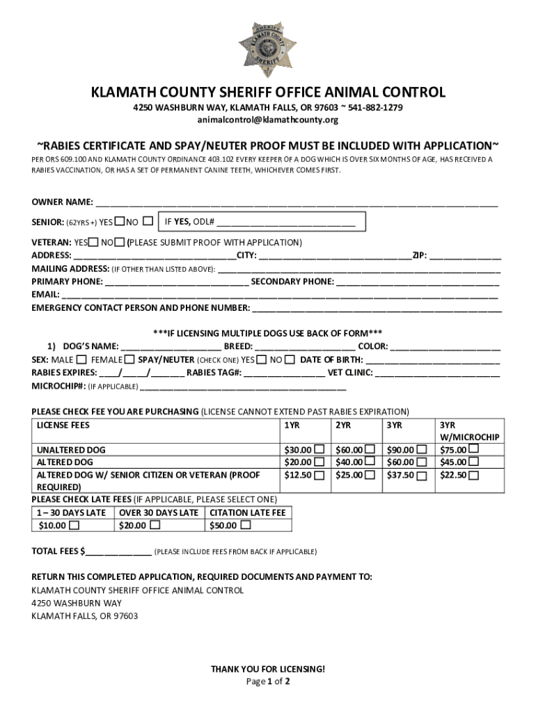 Fillable Online KLAMATH COUNTY SHERIFF OFFICE ANIMAL CONTROL Fax Email