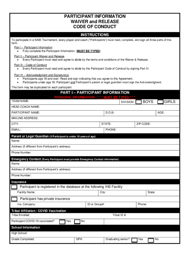 Participant Waiver Release TEMPLATE Preview on Page 1