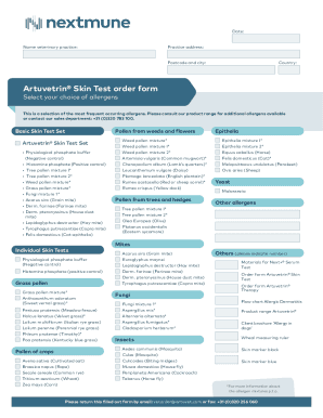 Artuvetrin Skin Test order form