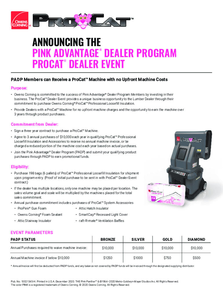 Fillable Online pink advantage dealer program procat dealer event Fax ...