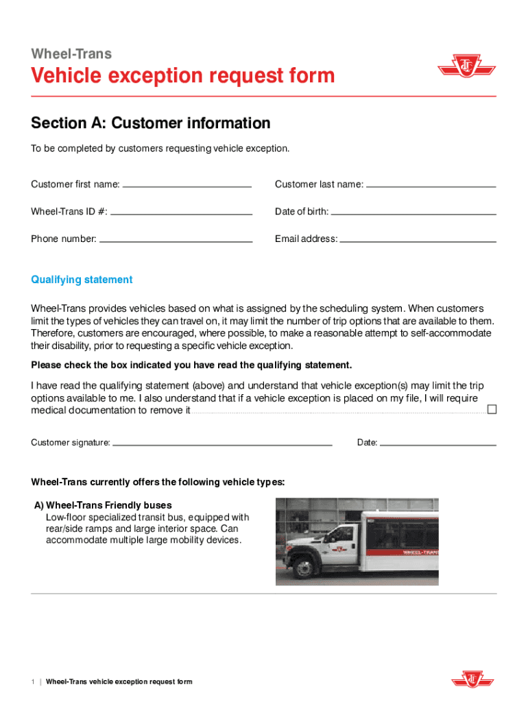 Fillable Online WheelTrans vehicle exception request form Fax Email