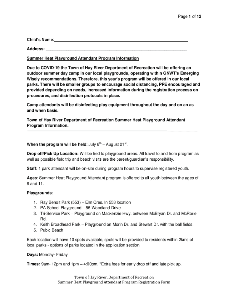 Fillable Online Summer Heat Playground Attendant Program Registration