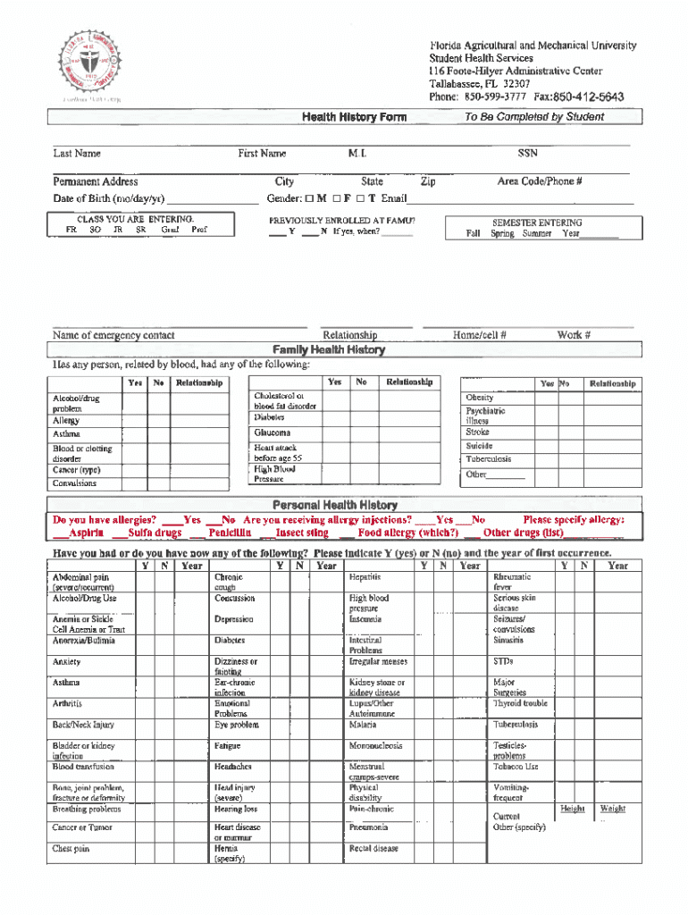 famu immunization form Preview on Page 1