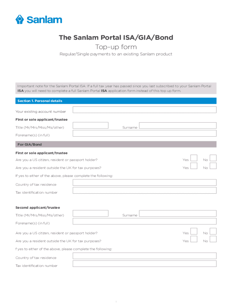 Fillable Online Personal details The Sanlam Onshore Bond Top Up Form