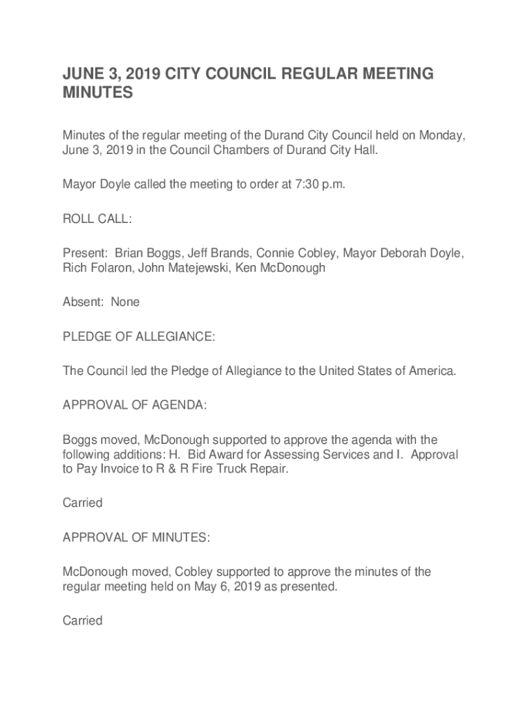 Fillable Online June 3, 2019 in the Council Chambers of Durand City