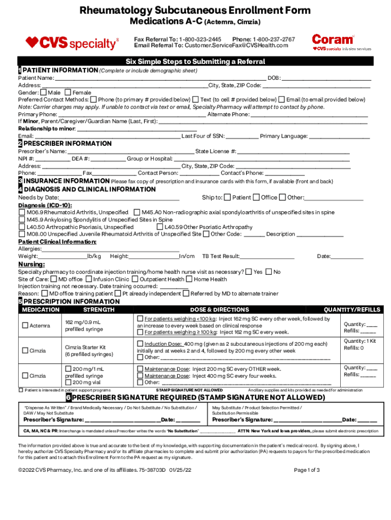 Fillable Online Rheumatology Enrollment Form Medications A Fax Email Print pdfFiller