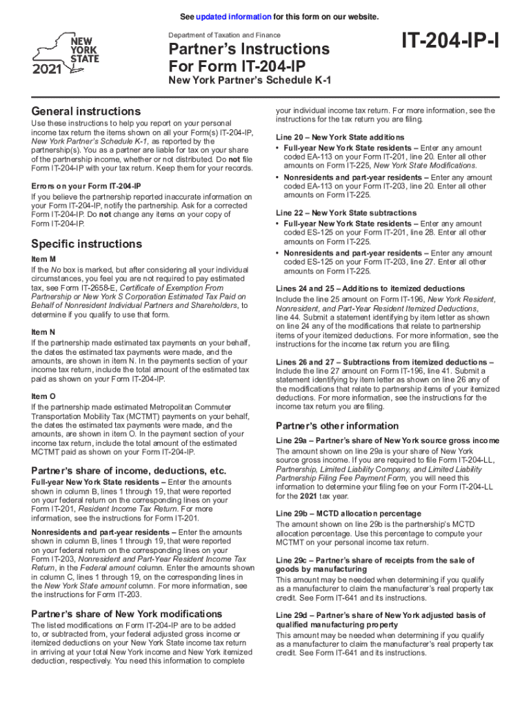 Fillable Online Form IT-204-IP New York Partner's Schedule K-1 ... Fax ...