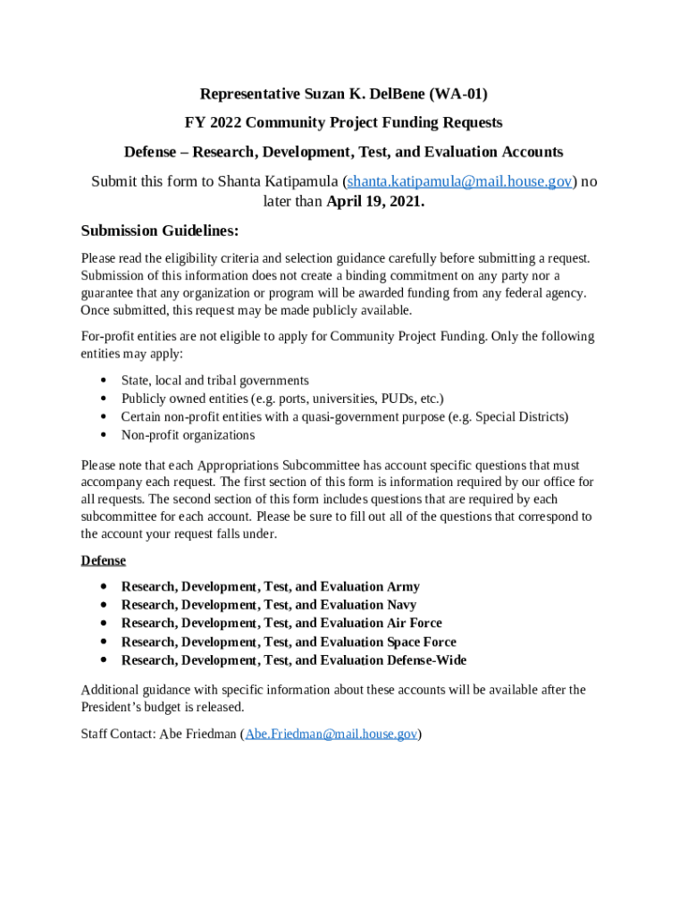 FY23 Appropriations Programmatic and Language Requests - delbene house ...
