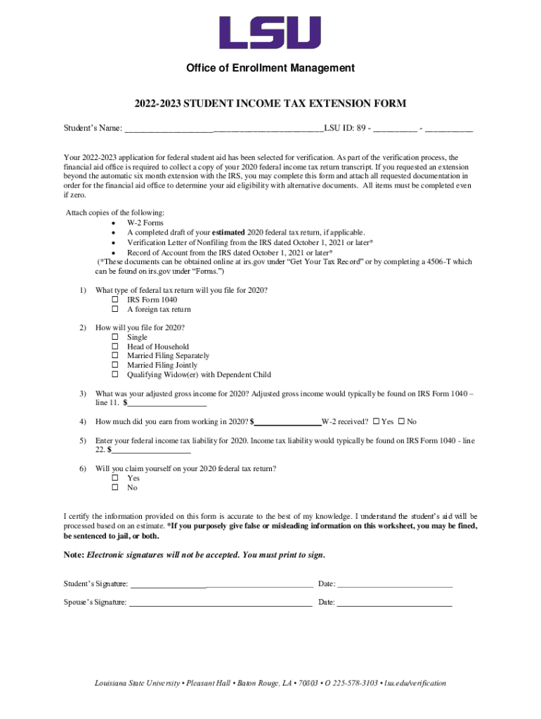 Fillable Online 2022-2023 STUDENT INCOME TAX EXTENSION FORM Fax Email ...