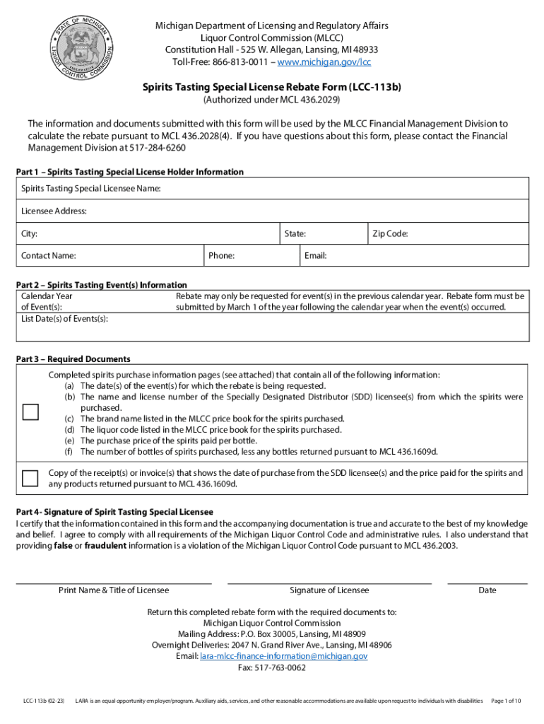Fillable Online Spirits Tasting Special License Rebate Form (LCC-113b) Fax Email Print - pdfFiller