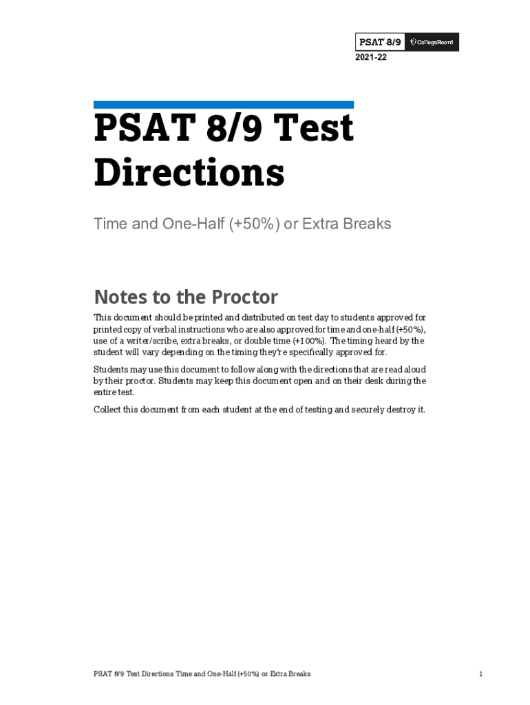 Fillable Online psat-8-9-test-directions-time-one-half-extra-breaks ...