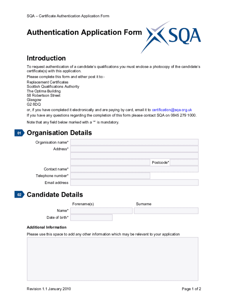 Fillable Online SQACertificate Authentication Application Form Fax 