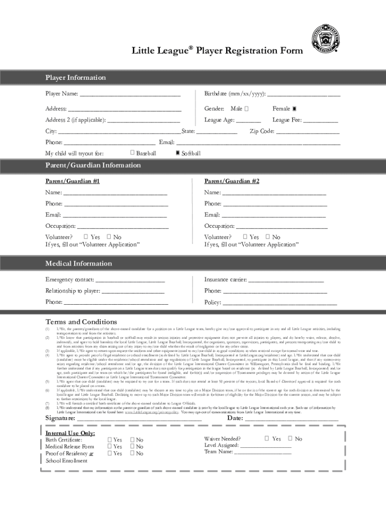 Completable En línea Little League Player Registration Form Template