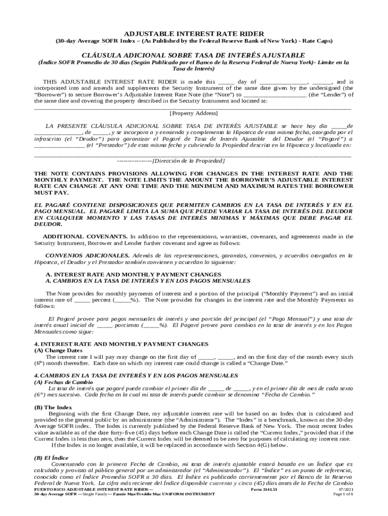 Puerto Rico Adjustable Rate Rider - ARM 5-1 ( Doc Template | pdfFiller