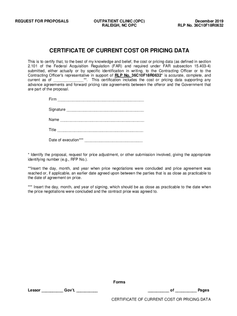 Fillable Online certificate of current cost or pricing data (far 15.406