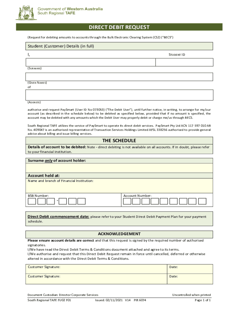 Fillable Online South Regional TAFE Direct Debit Request Form use