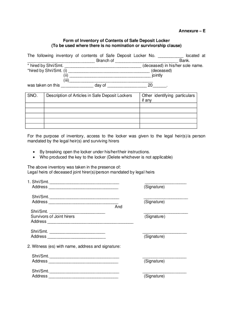 Fillable Online Annexure E Form of Inventory of Contents of Safe