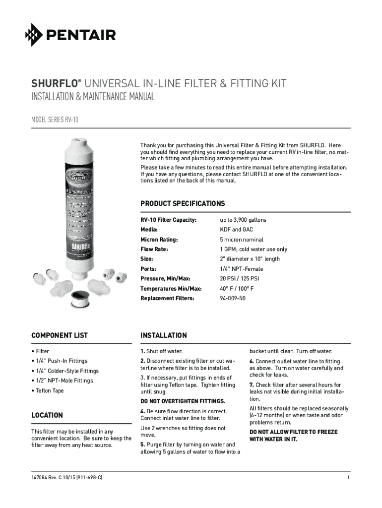 Fillable Online Pentair/Shurflo RV Water Filter Universal Filter 10