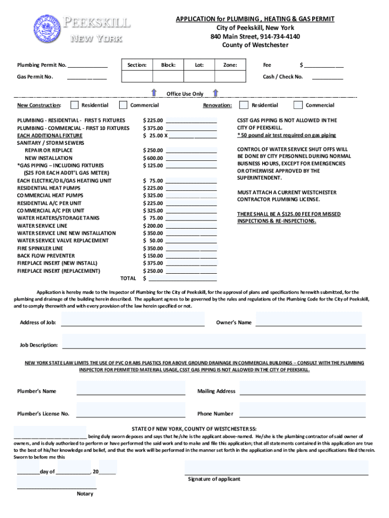 Fillable Online APPLICATION for PLUMBING , HEATING & GAS PERMIT City of