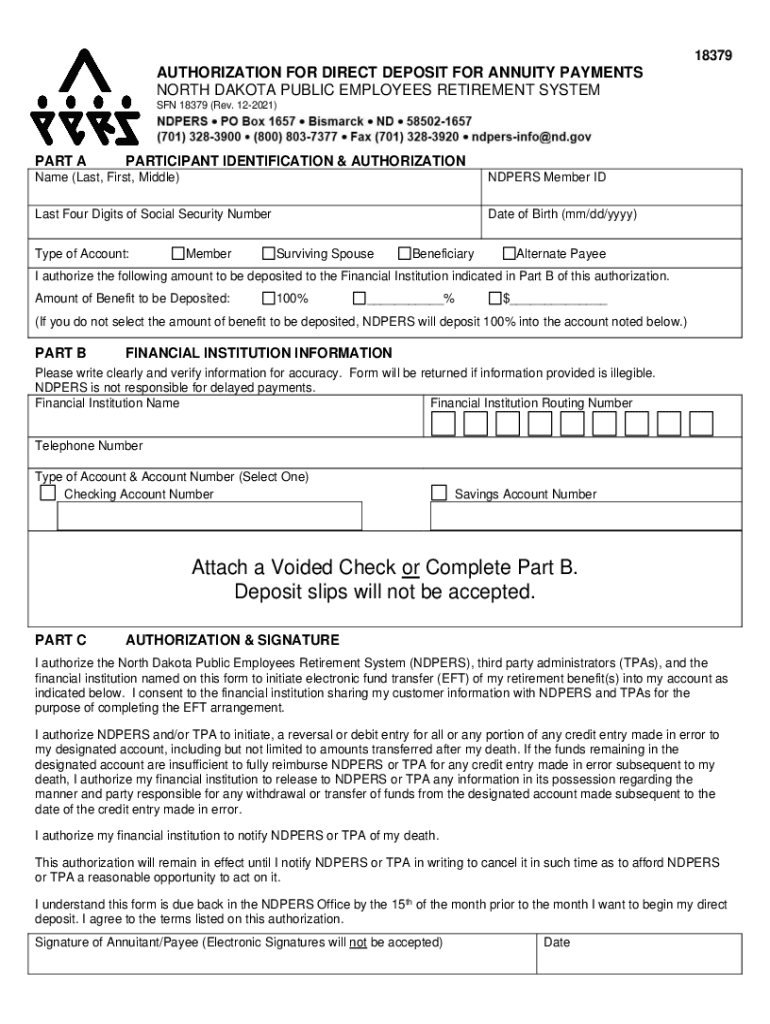 SFN-18379 Authorization For Direct Deposit For Annuity Payments Preview on Page 1