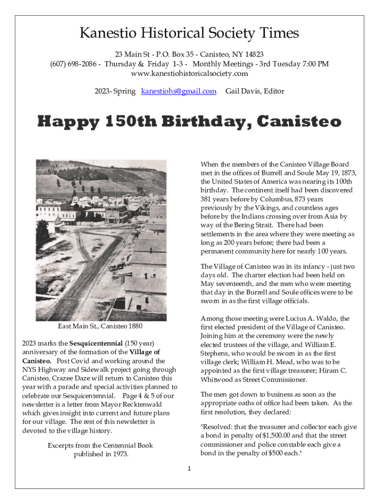 Fillable Online Kanestio Historical Society, 23 Main St, Canisteo, NY