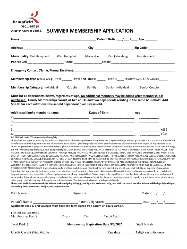 Fillable Online SUMMER MEMBERSHIP APPLICATION Fax Email Print - pdfFiller