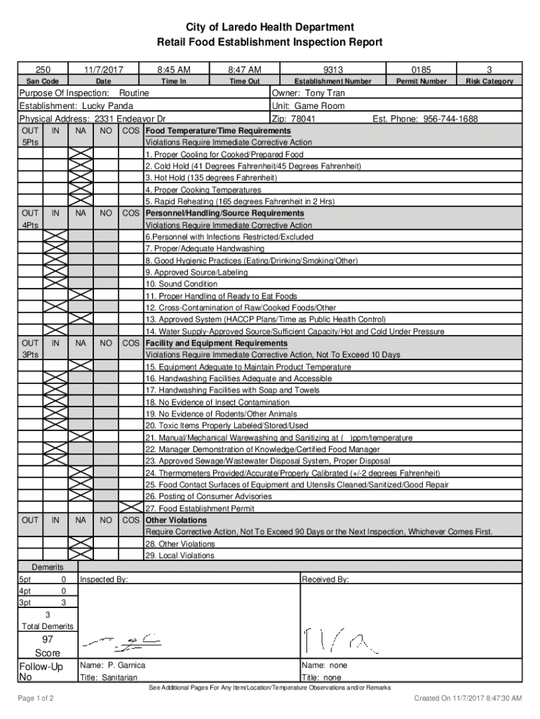 Fillable Online Retail Food Establishment Inspection ReportRoutine Fax
