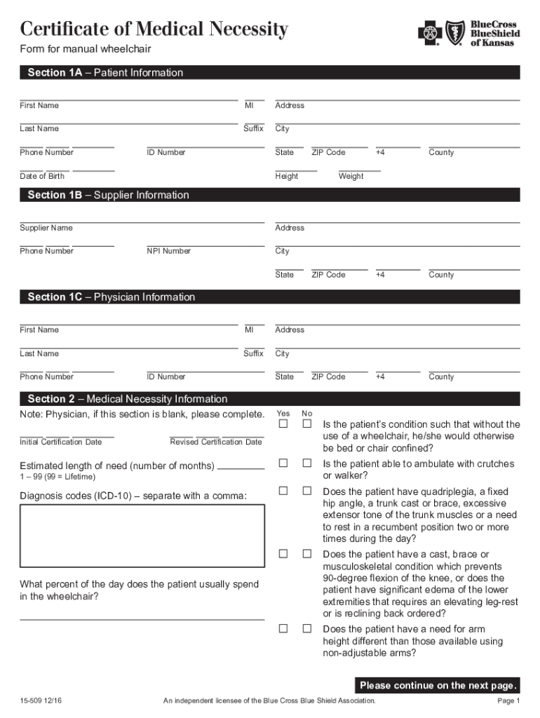 Certificate of Medical Necessity Form for manual wheelchair Preview on Page 1