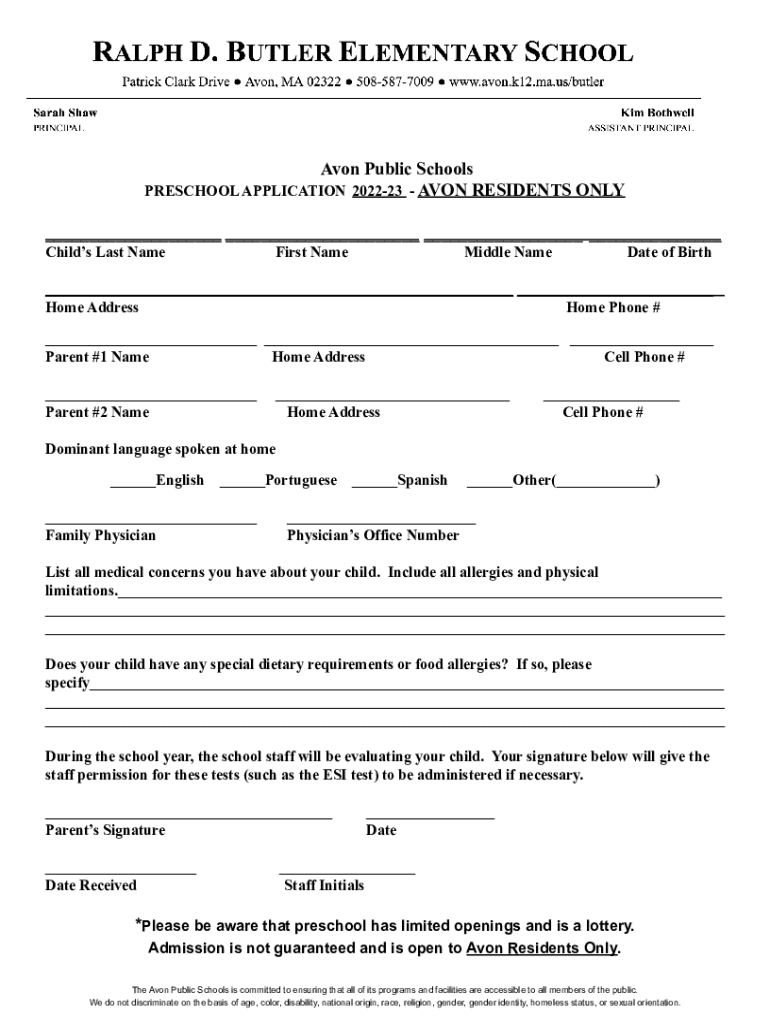 Fillable Online It's time to register for kindergarten in Avon Local