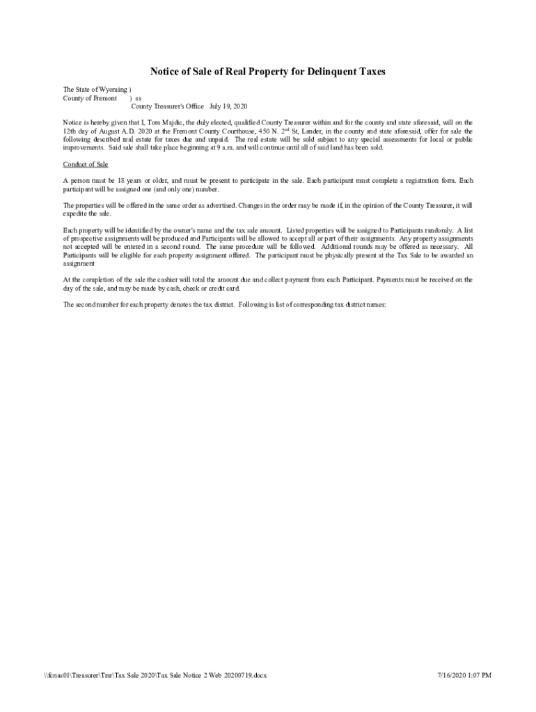 Fillable Online notice of sale of real property for delinquent taxes Fillable Online notice of sale of real property for delinquent taxes