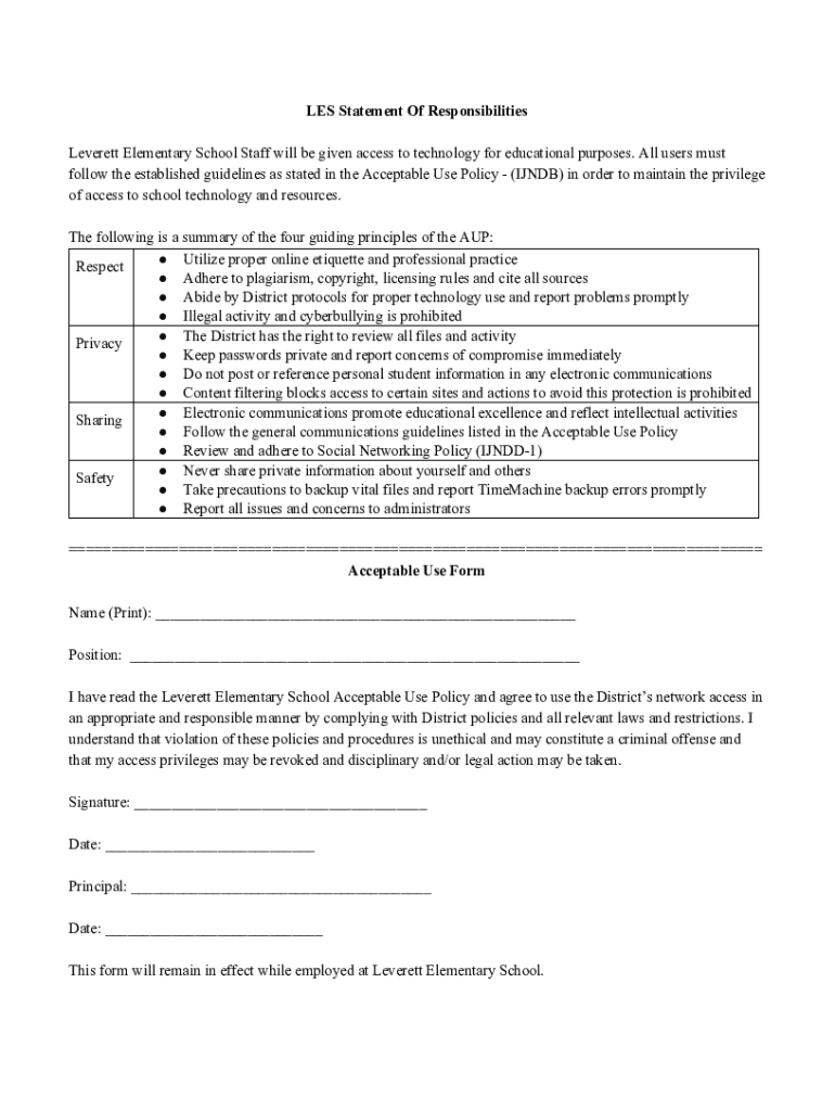 Fillable Online LES Statement Of Responsibilities Leverett Elementary