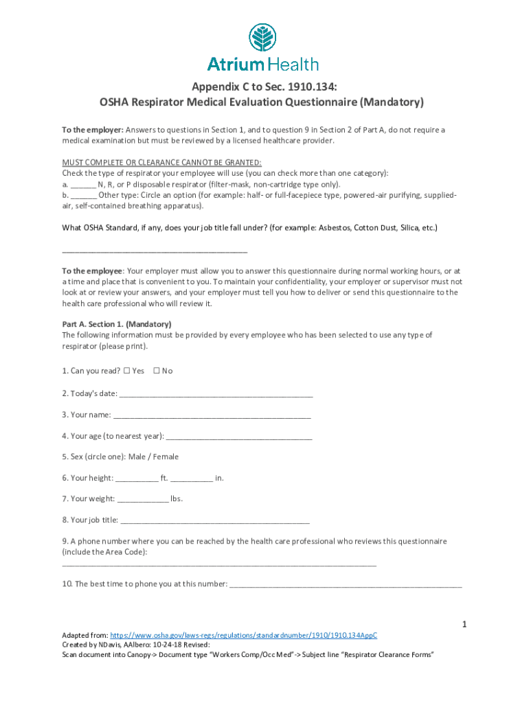 Fillable Online Respirator Medical Evaluation Questionnaire (Mandatory