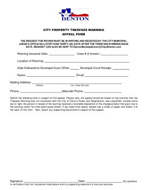 Fillable Online CITY PROPERTY TRESPASS WARNING APPEAL FORM Warning ...
