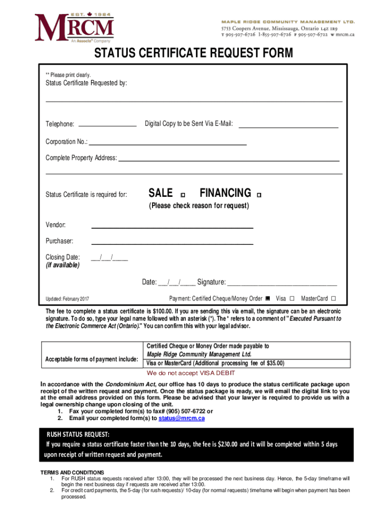 Fillable Online Order Status Certificates Ontario Fax Email Print