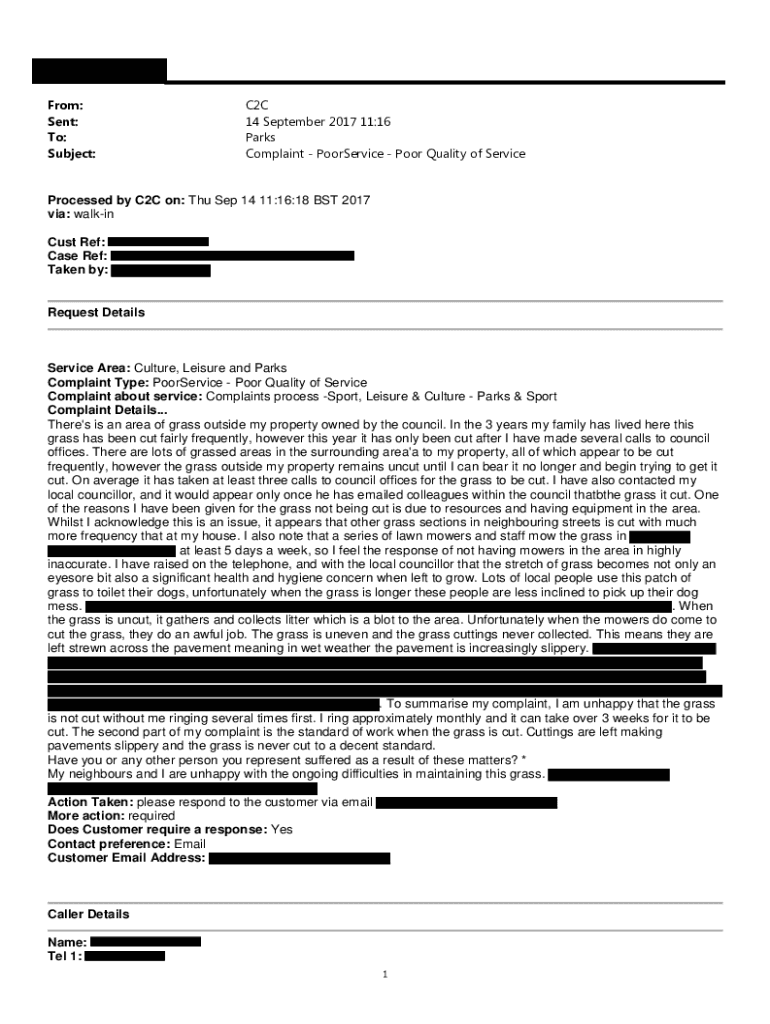 Fillable Online Parks Subject Complaint PoorService Poor Quality