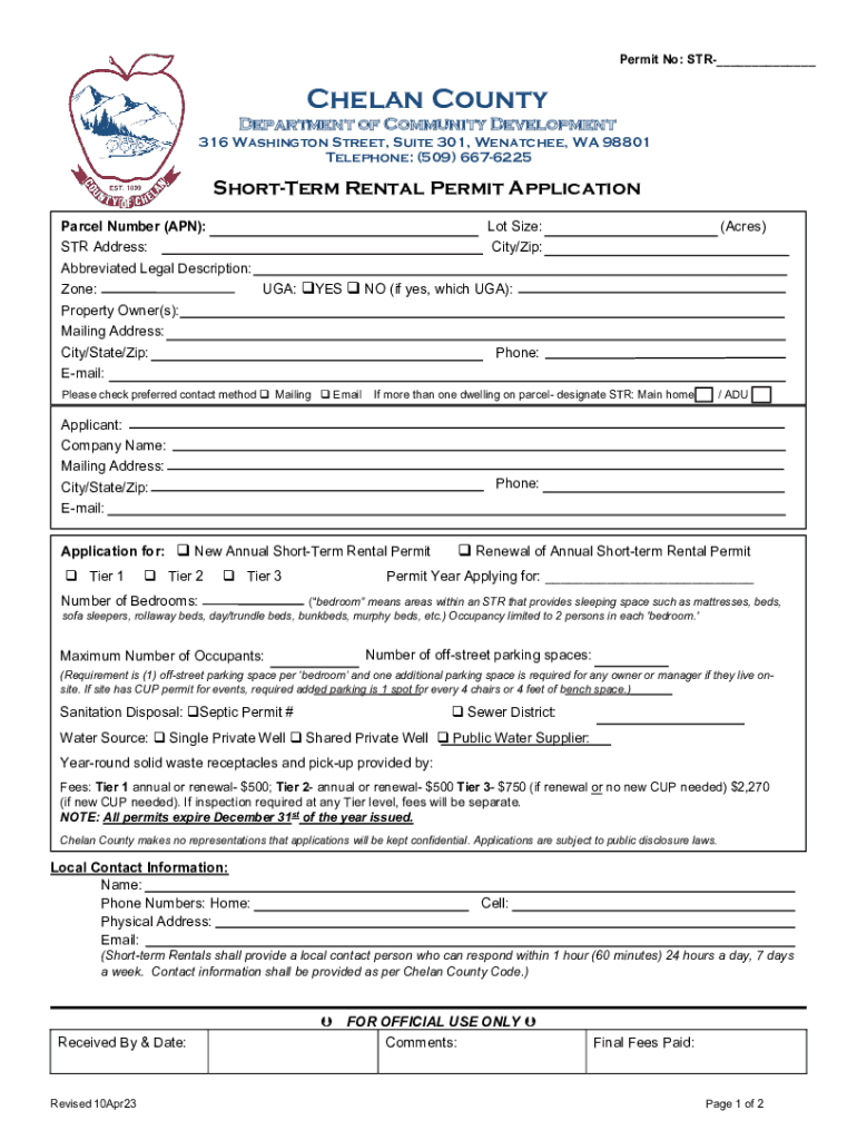 Chelan County Short-Term Rental Permit Application Preview on Page 1