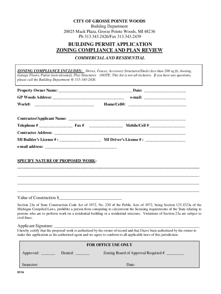 Fillable Online building permit application zoning compliance and plan