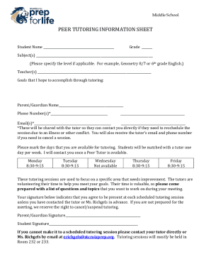 Fillable Online PEER TUTORING INFORMATION SHEET Fax Email Print - pdfFiller