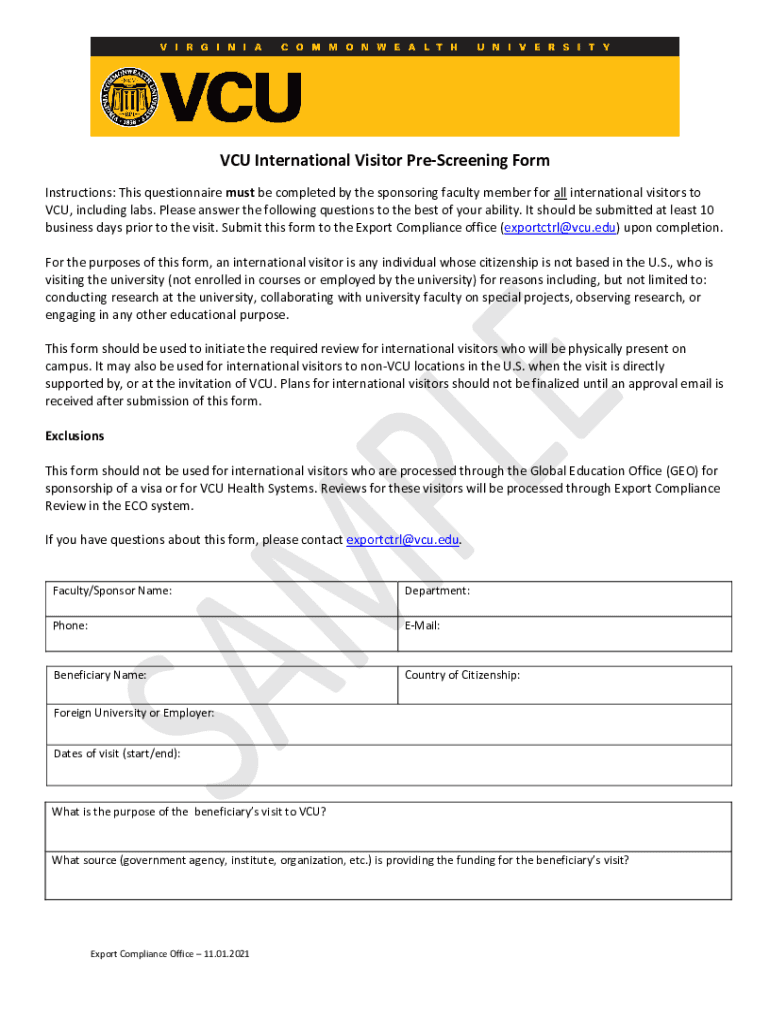 Fillable Online research vcu VCU International visitor prescreen form