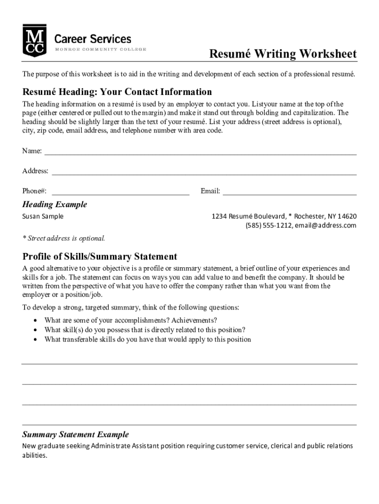 resume writing worksheet pdf