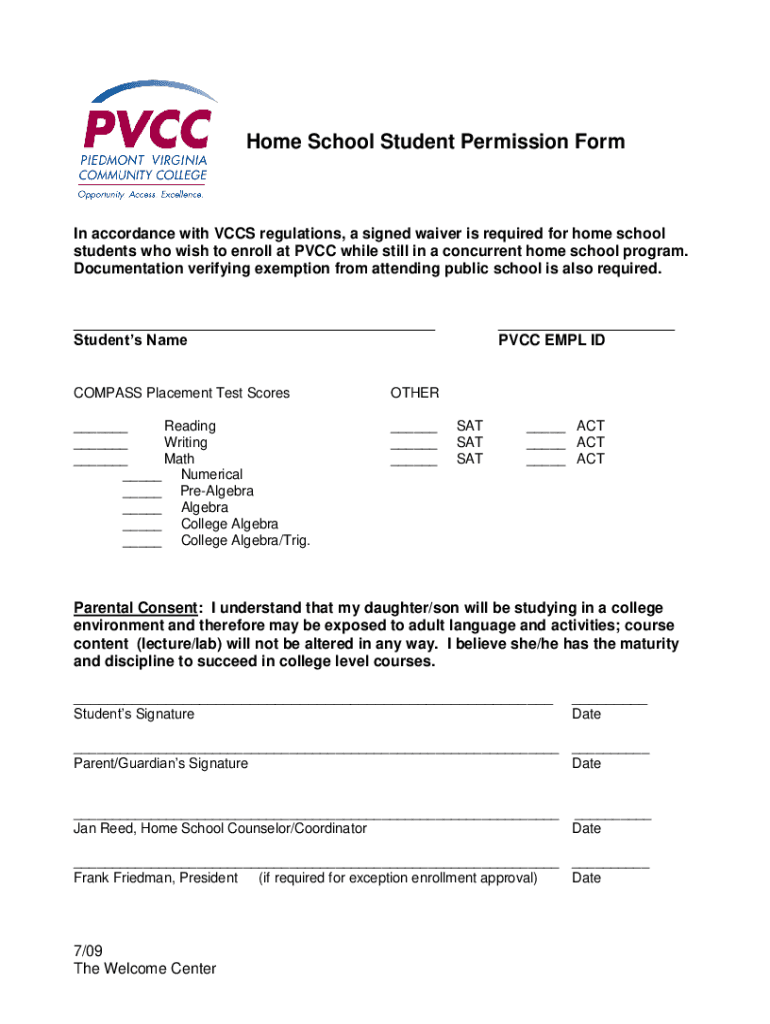 Fillable Online PVCC Home School Student Permission Form. PVCC Home