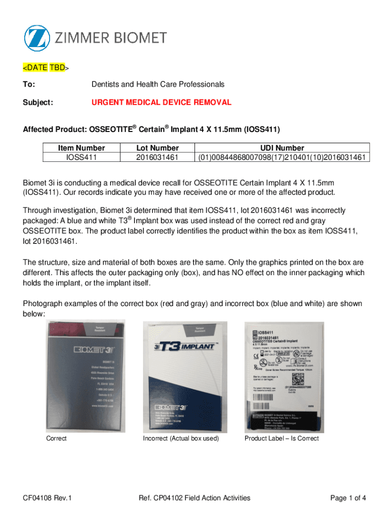 Fillable Online URGENT MEDICAL DEVICE REMOVAL Affected Product Fax