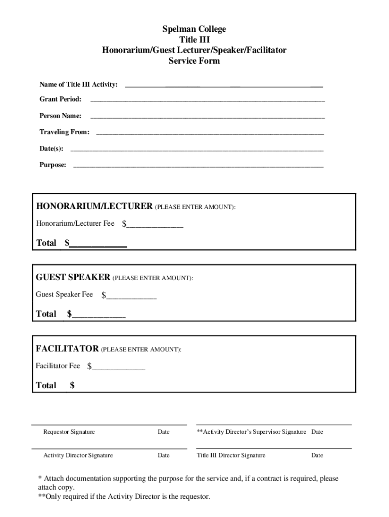 Fillable Online Title III HonorariumGuest LecturerSpeakerFacilitator