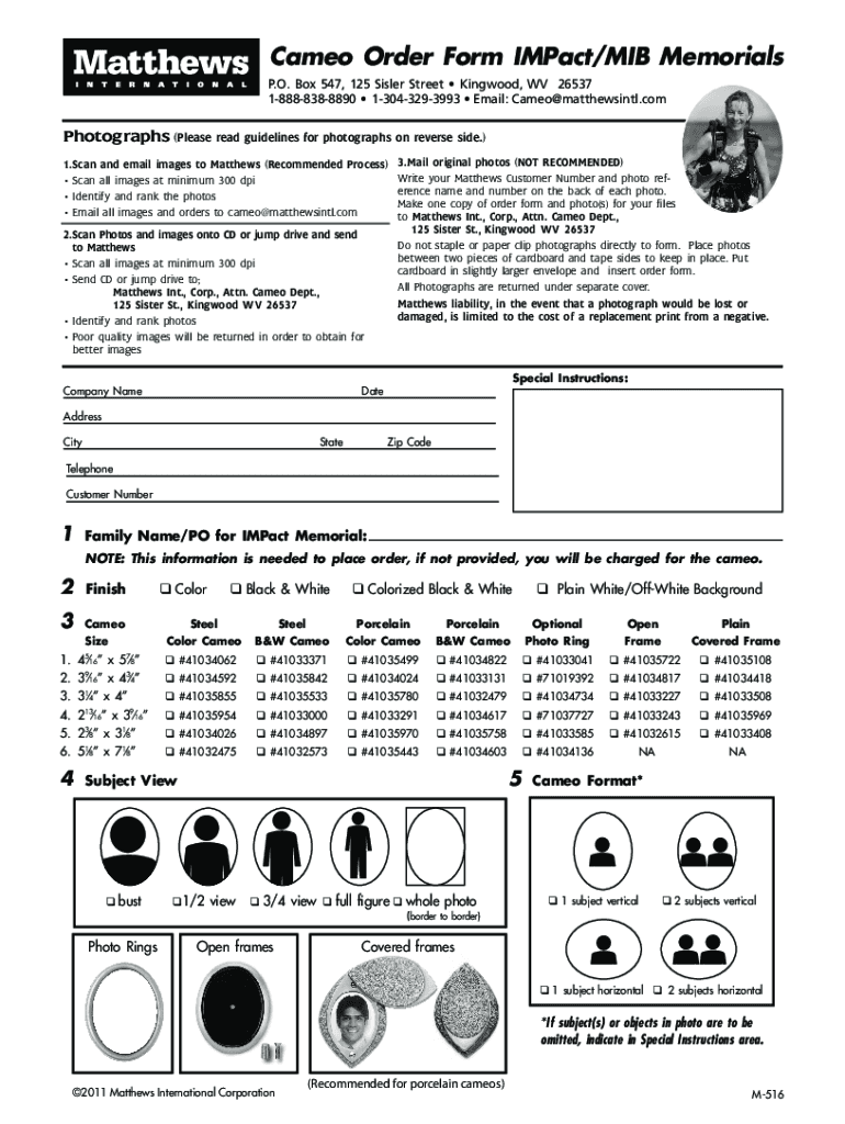 Cameo Order Form IMPact MIB Memorials Preview on Page 1