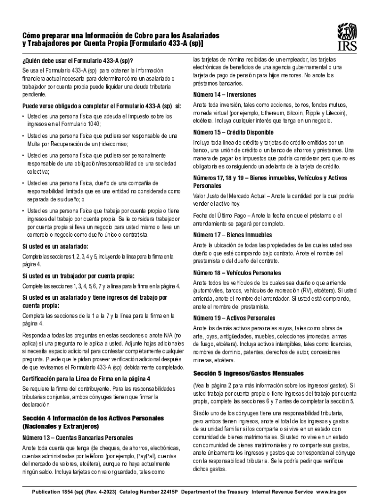 Publication 1854 (sp) (Rev 4-203) How to prepare a Collection Information Statement (Form 433-A) (Sp Preview on Page 1