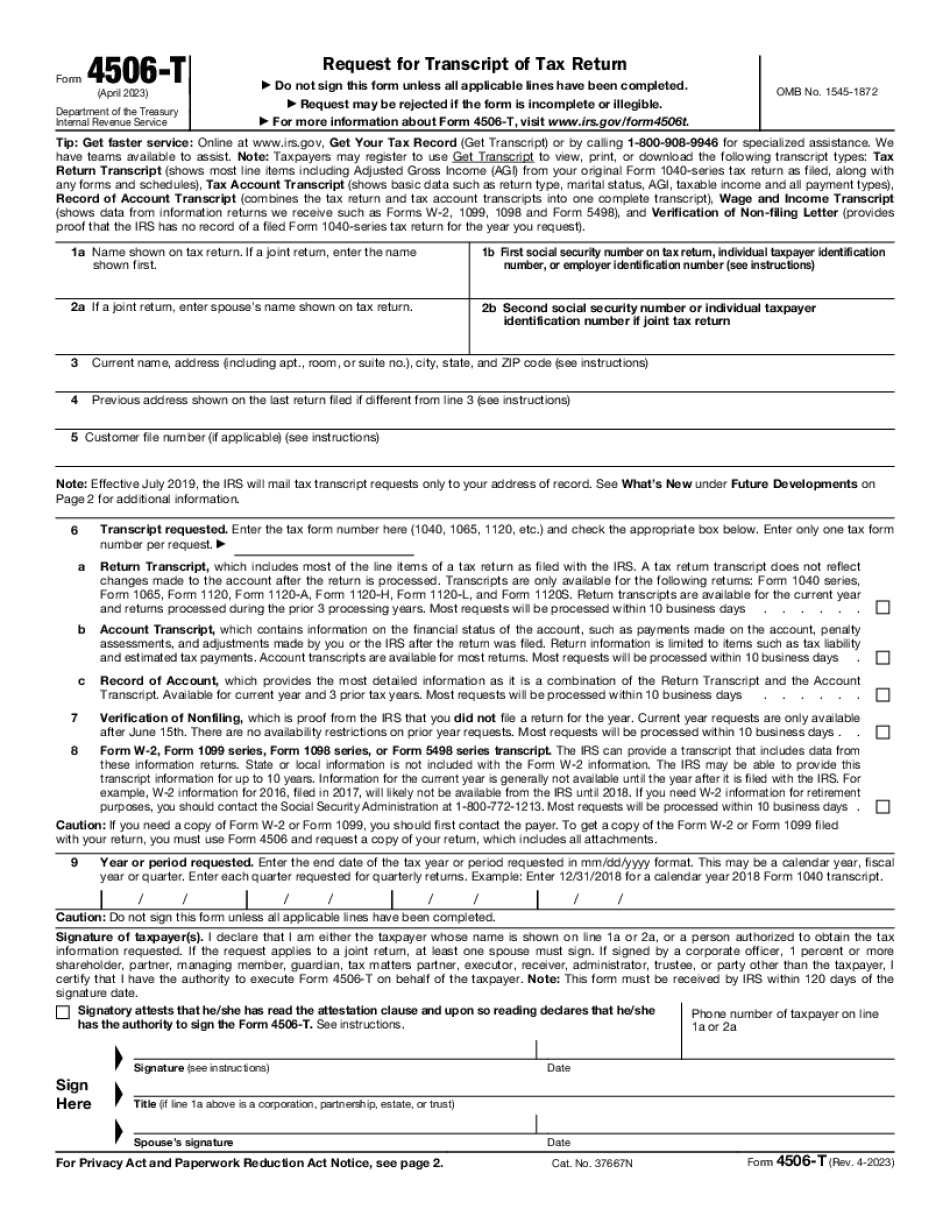 Form 4506 T Rev 7 2023 - Fill Online, Printable, Fillable, Blank