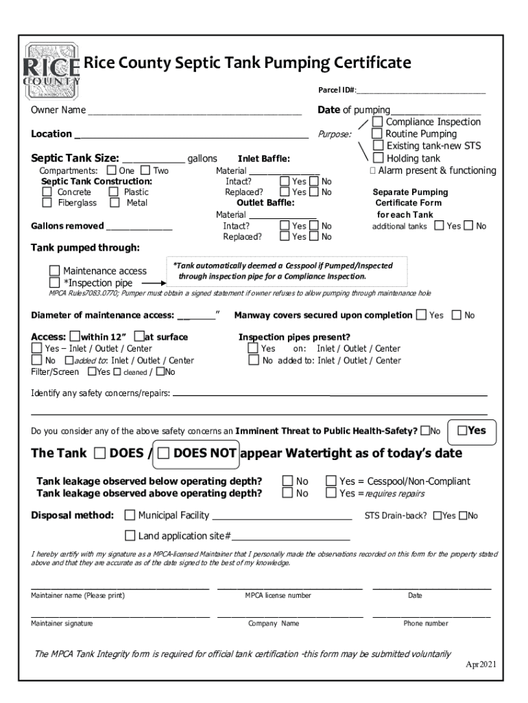 Fillable Online Compliance Inspection for Existing Septic Systems Fax