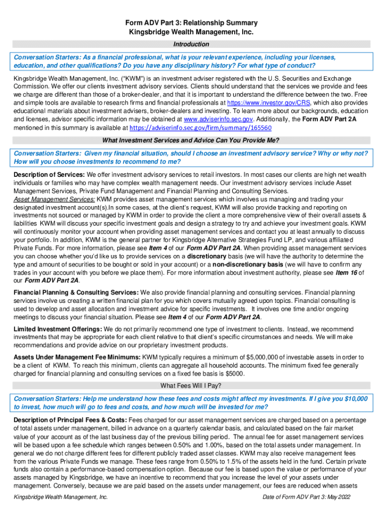 Fillable Online Form ADV Part 3 Relationship Summary Kingsbridge