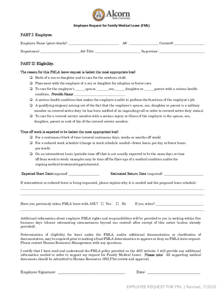 Fillable Online Family Medical Leave Act - Employee Request Form Fax ...